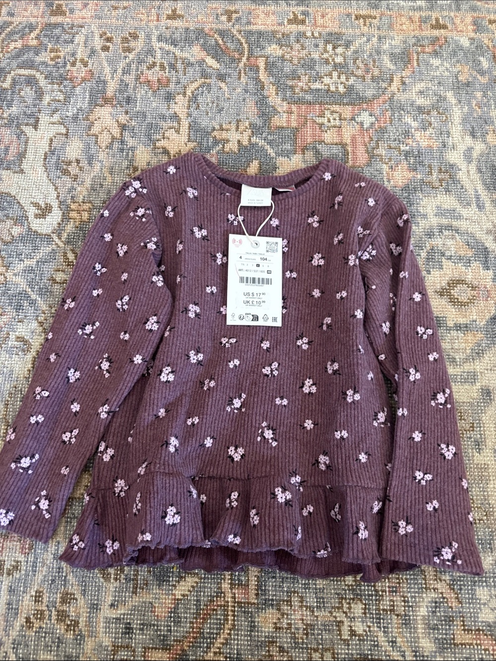 Zara Mauve Floral Ruffle-Hem Long Sleeve Top